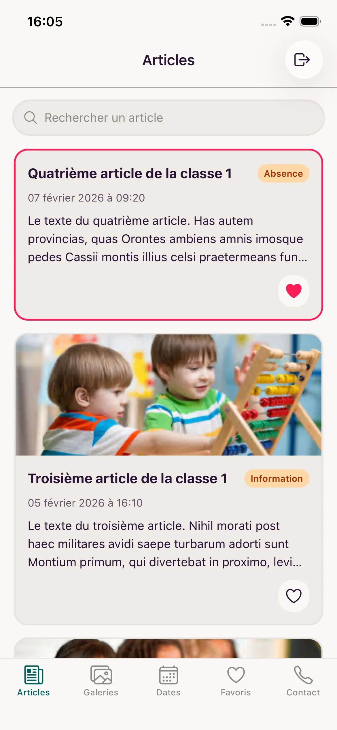Liste des articles avec recherche