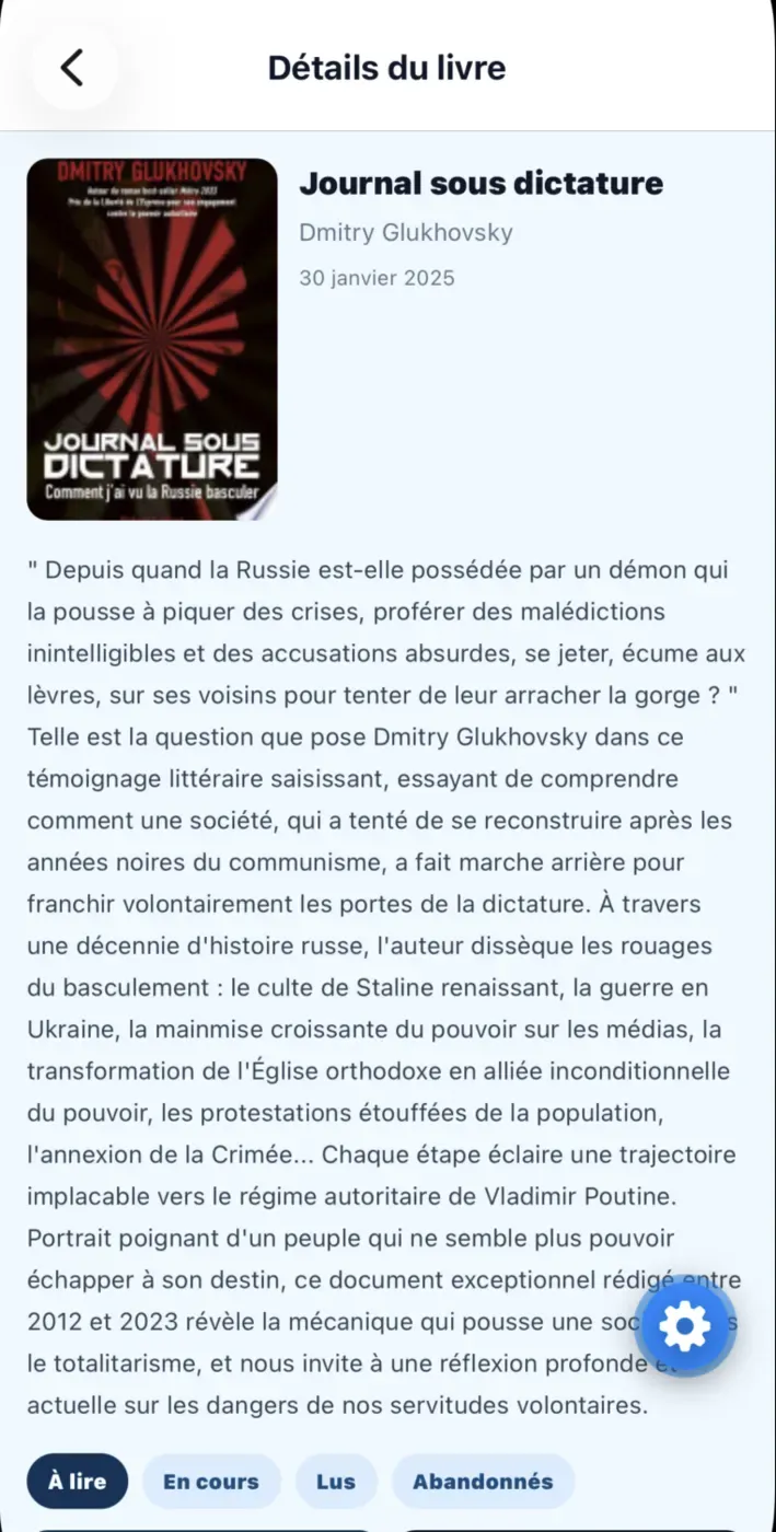 Détail d'un livre avec actions d'ajout
