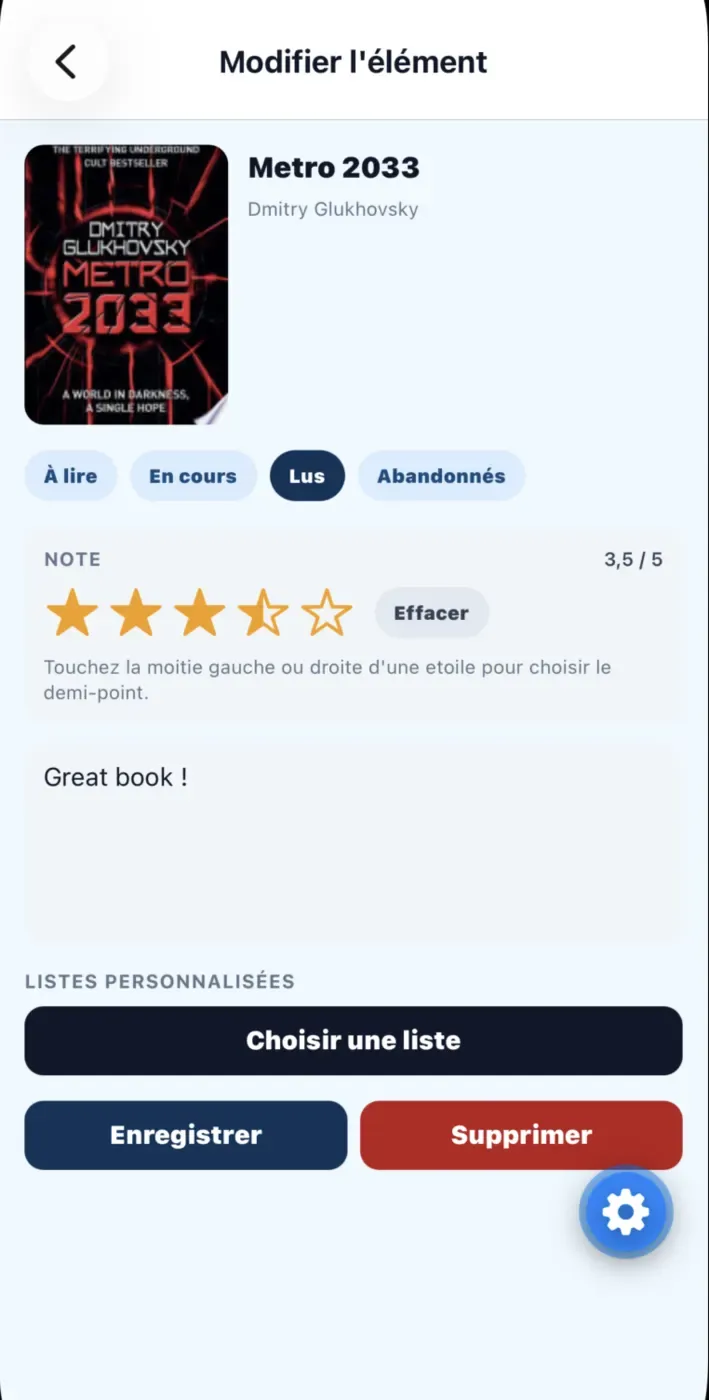 Édition d'un livre en bibliothèque avec statut et note