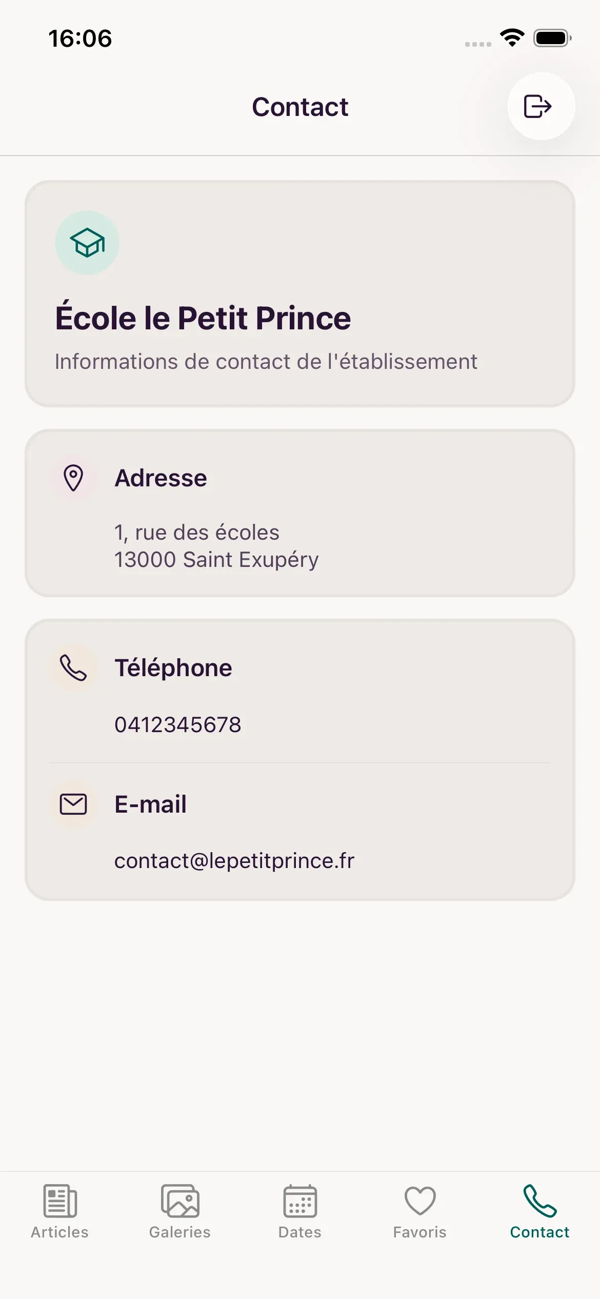 Page contact de l'école