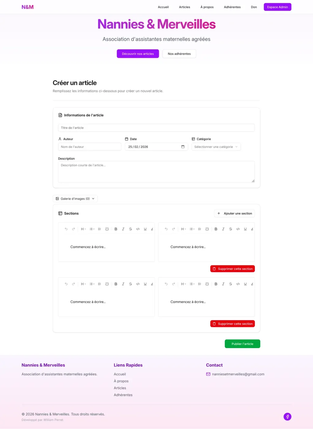 Page de création d'article côté administration