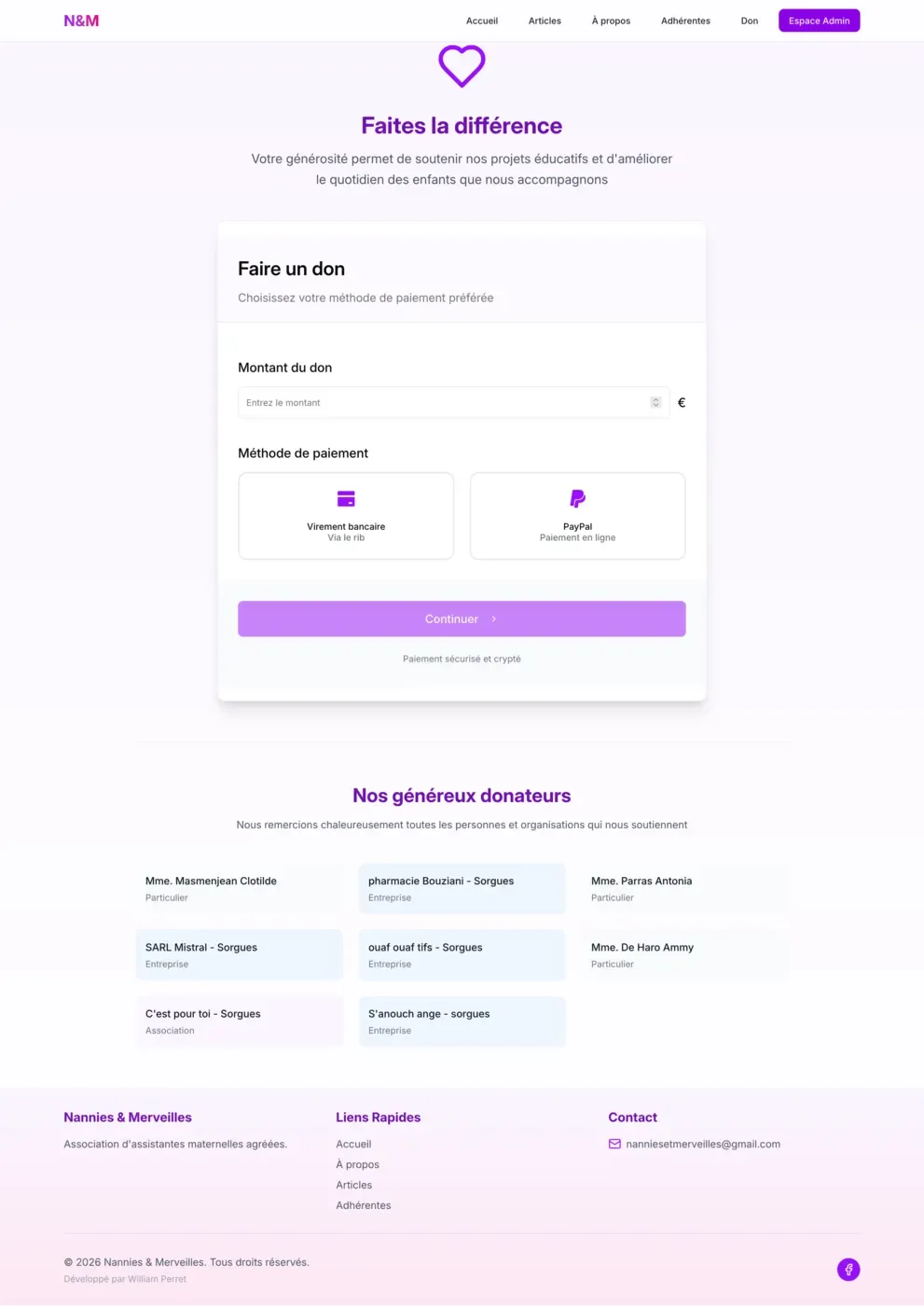 Page de don du site Nannies & Merveilles