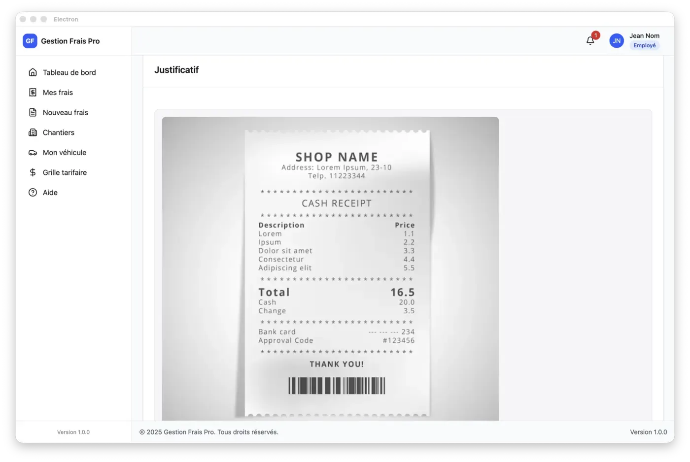 Détails d'une note de frais avec justificatifs