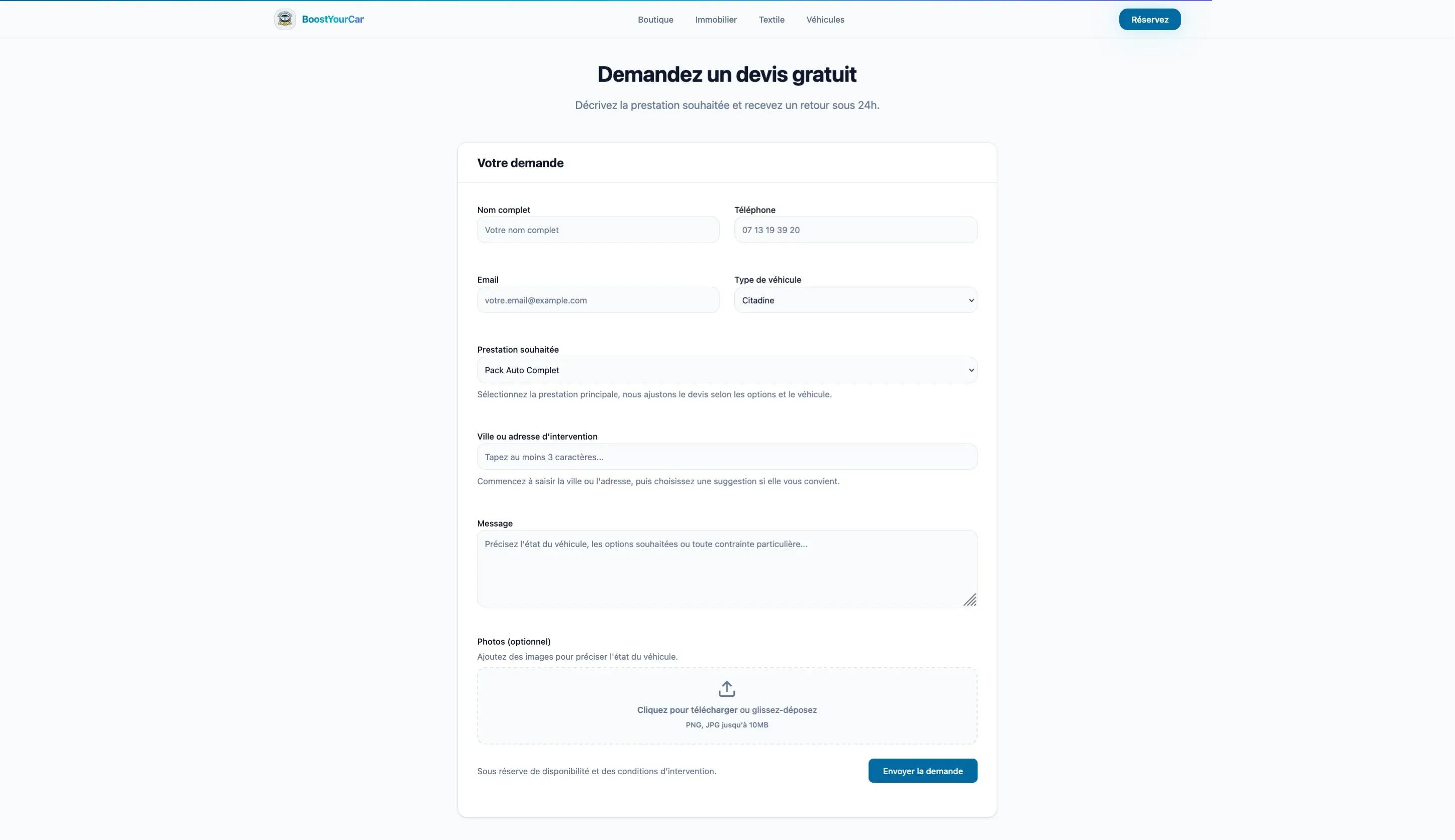 Formulaire de devis BoostYourCar