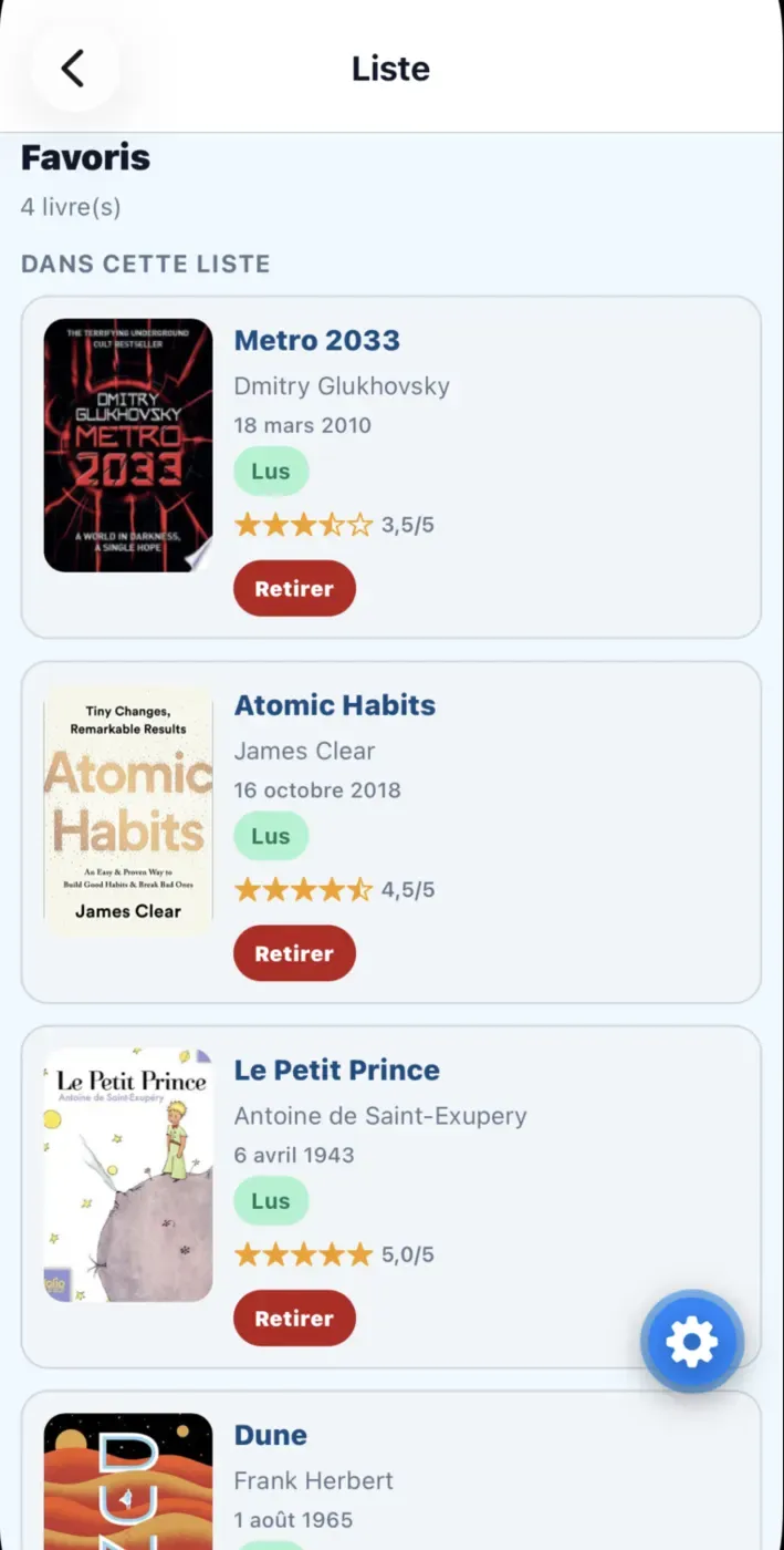 Écran des listes de lecture personnalisées