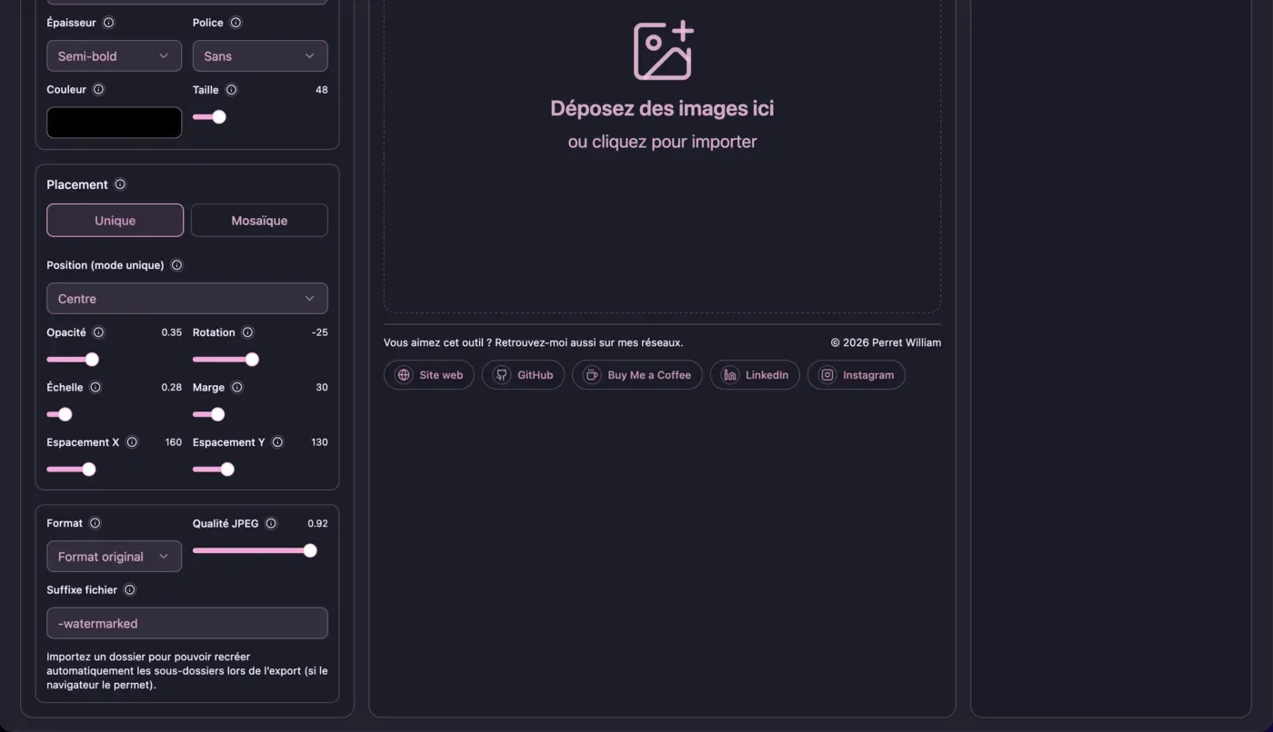 Interface en thème sombre avec panneau de réglages inférieur