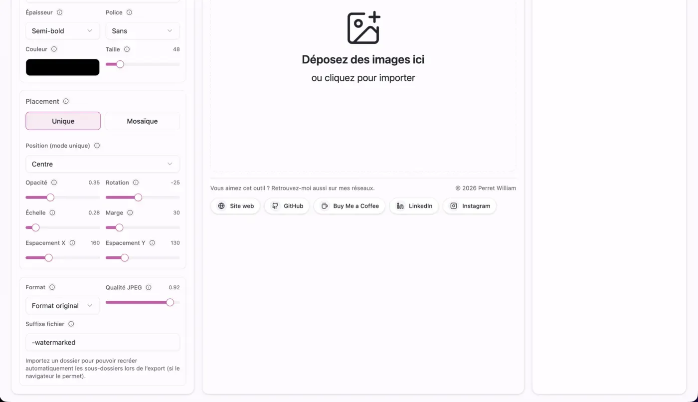 Interface en thème clair avec panneau de réglages inférieur