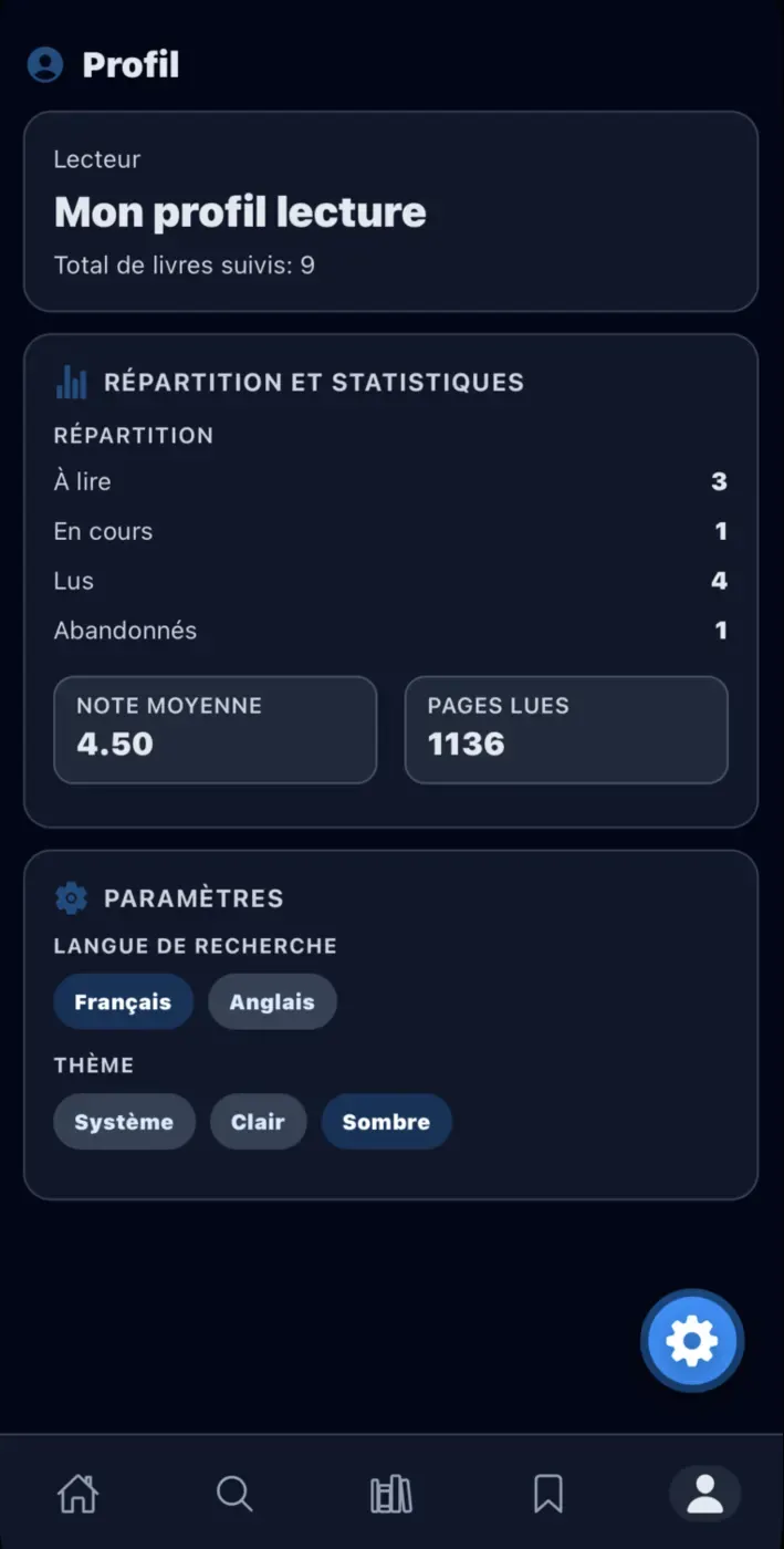 Écran profil avec statistiques et préférences