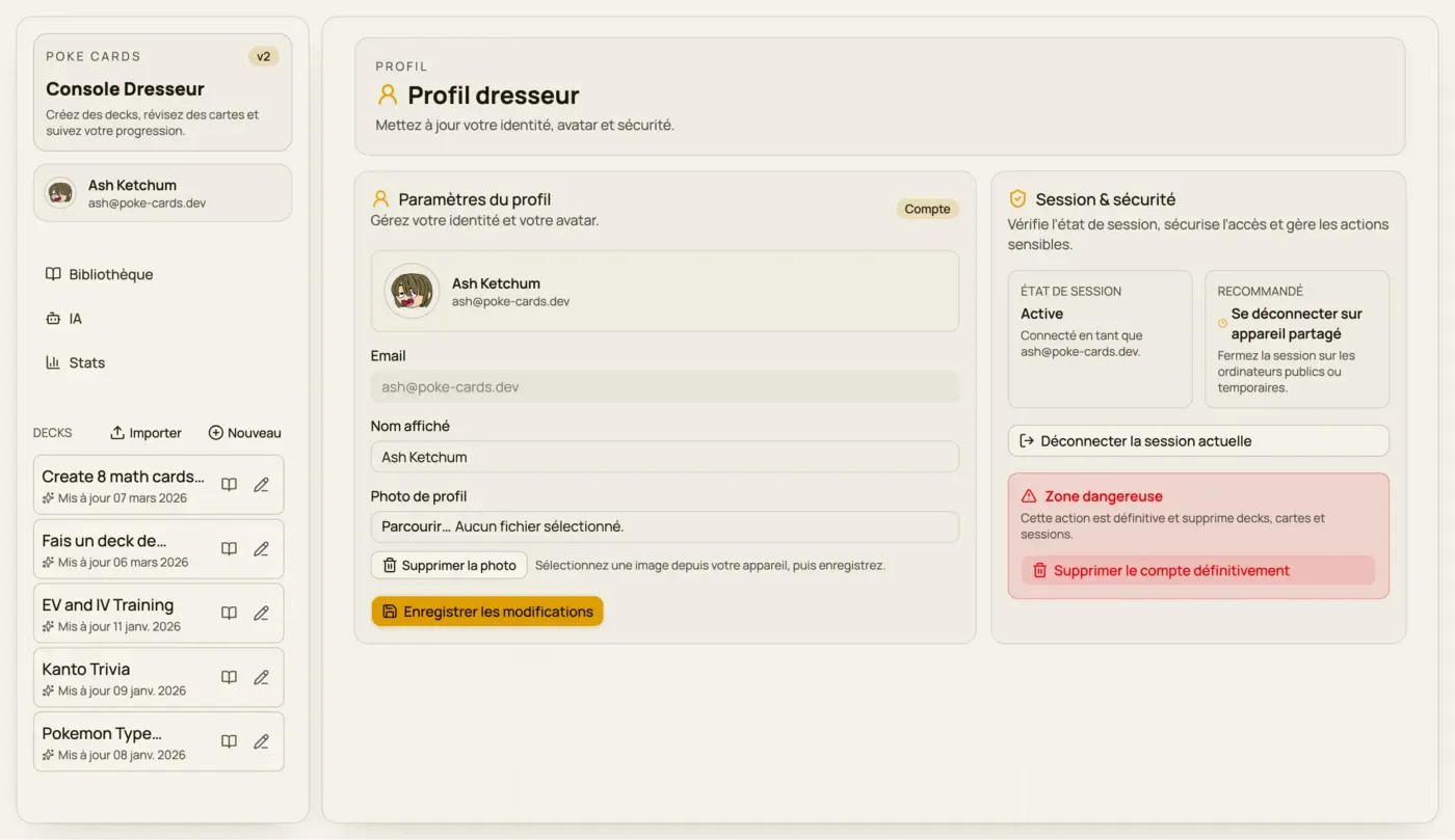 Page profil avec mise à jour du compte et avatar