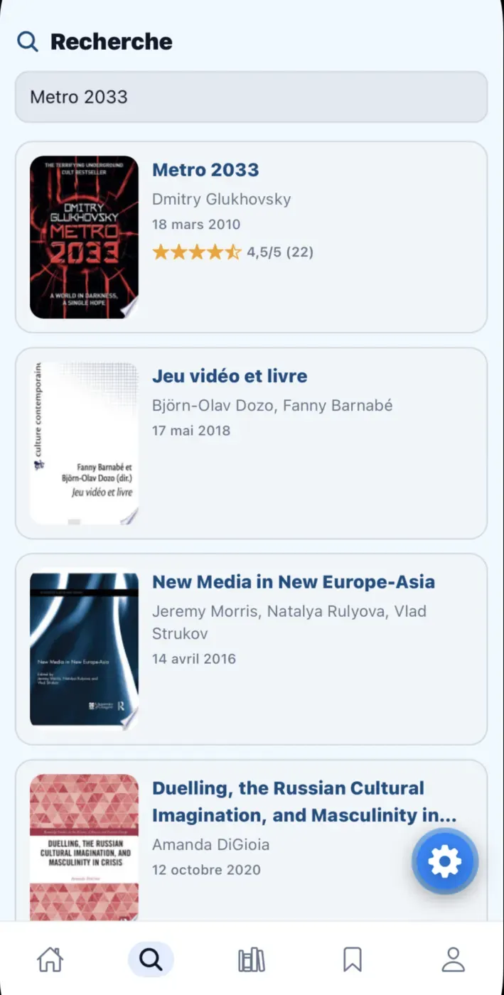 Écran de recherche de livres avec suggestions