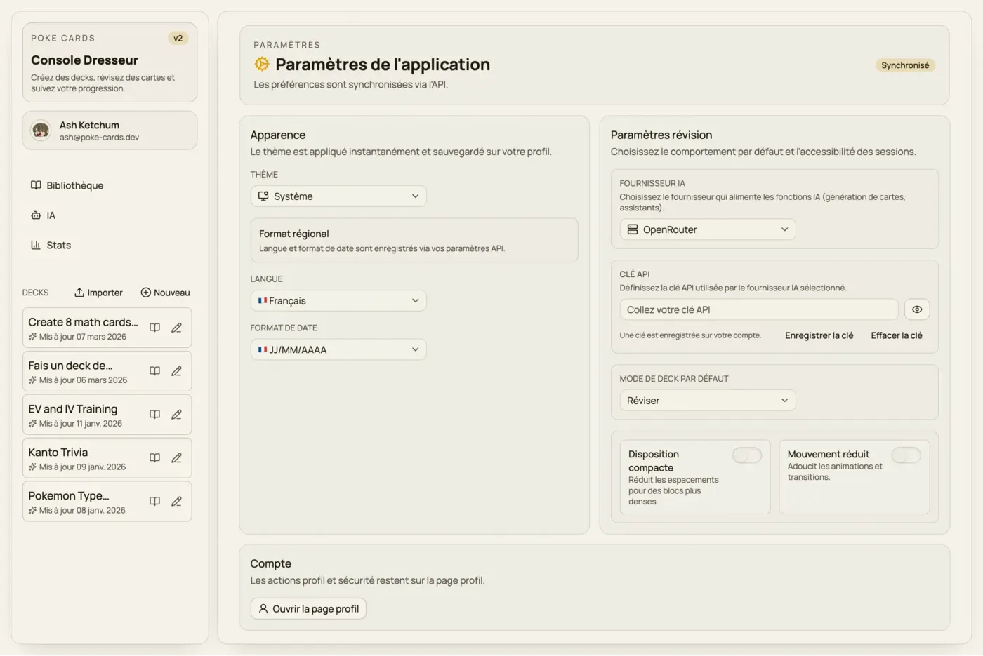 Paramètres application, langue, thème et provider IA