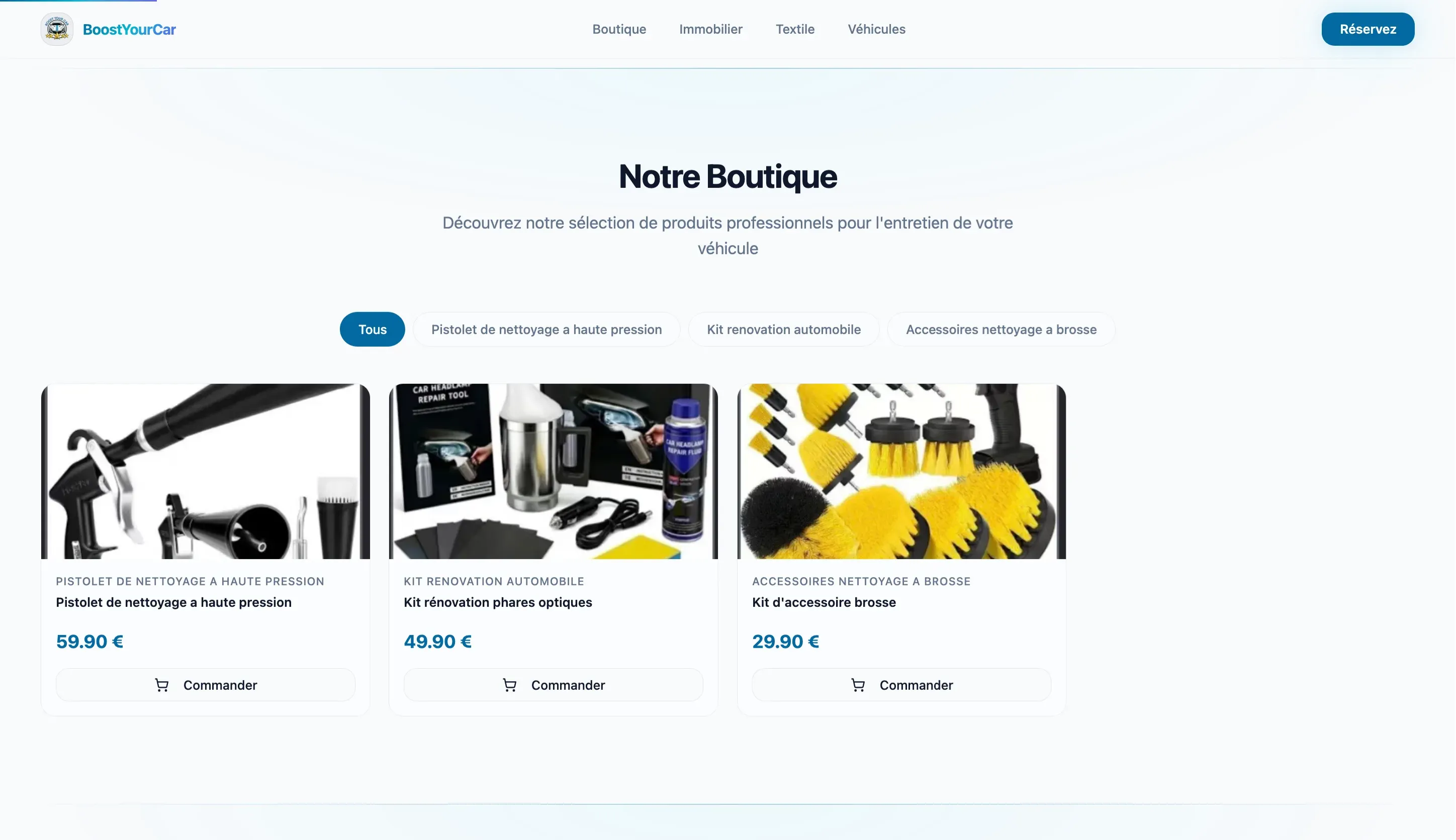 Section prestations et boutique BoostYourCar